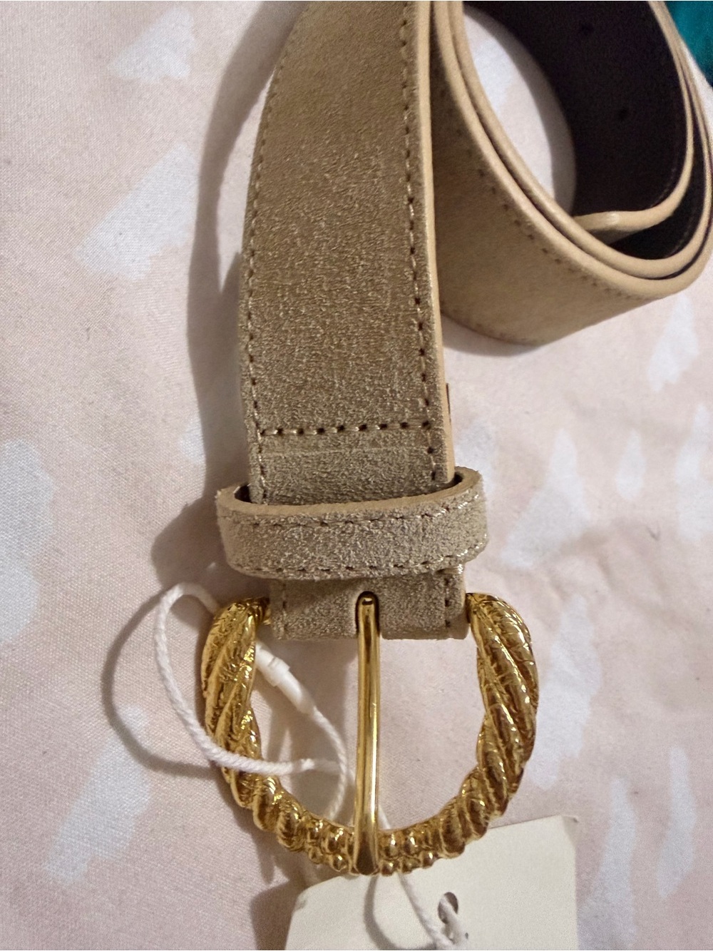 Sezane Beige Suede Belt with Gold Braided Buckle